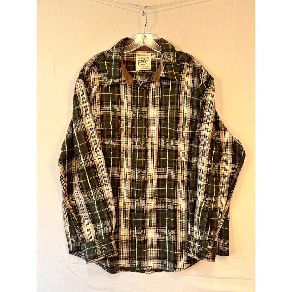 Consensus Rugged Flannel Mens Large Green Plaid Brushed Cotton Button Down Shirt